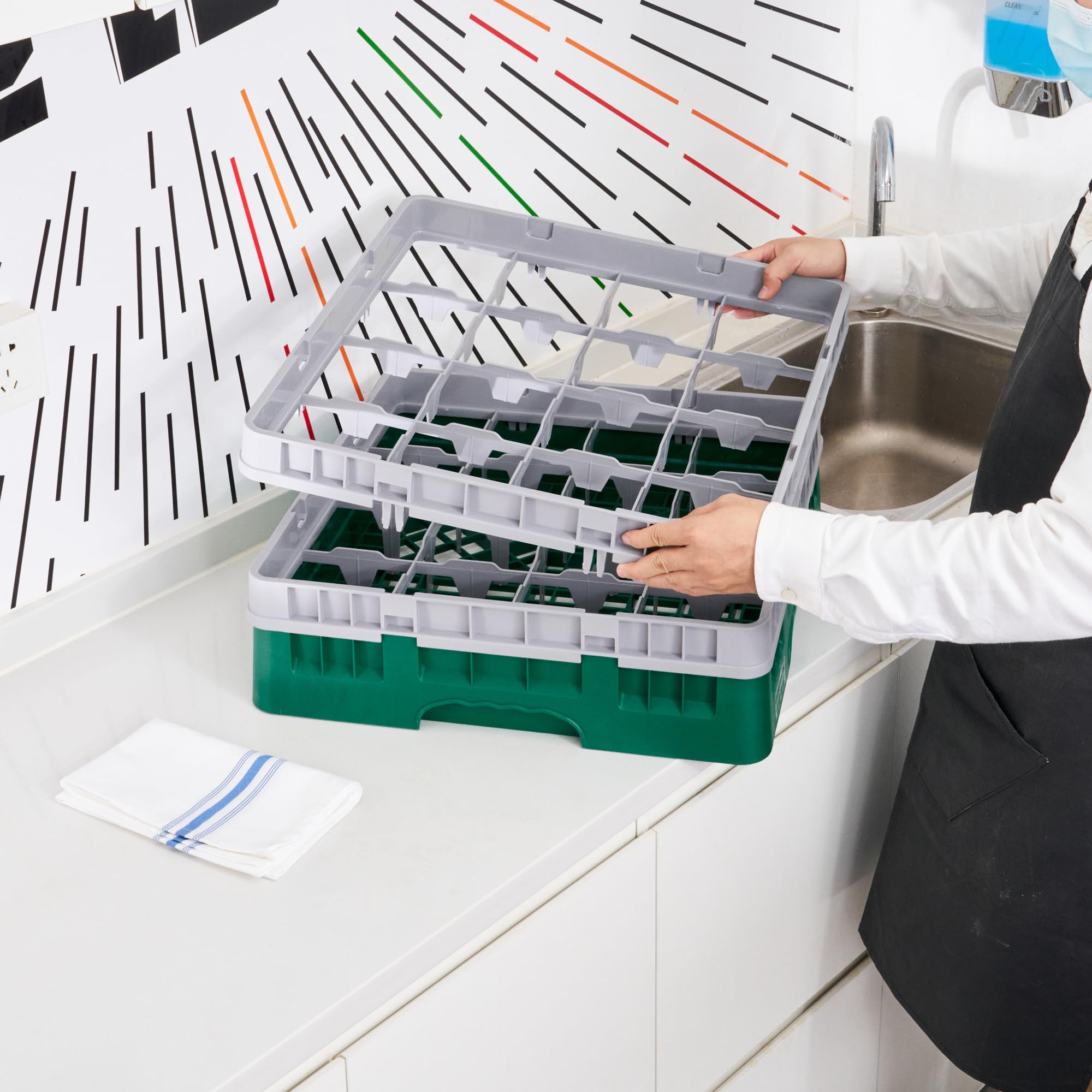 Restaurantware Propre Tek Prolongateur de rack en verre professionnel demi-goutte, 1 pièce 16 compartiments en polypropylène robuste pour lave-vaisselle, restaurants, cafétérias et cuisines