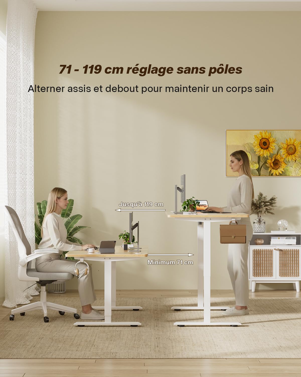 TRIUMPHKEY Bureau Assis Debout 100 x 60 cm, Beige