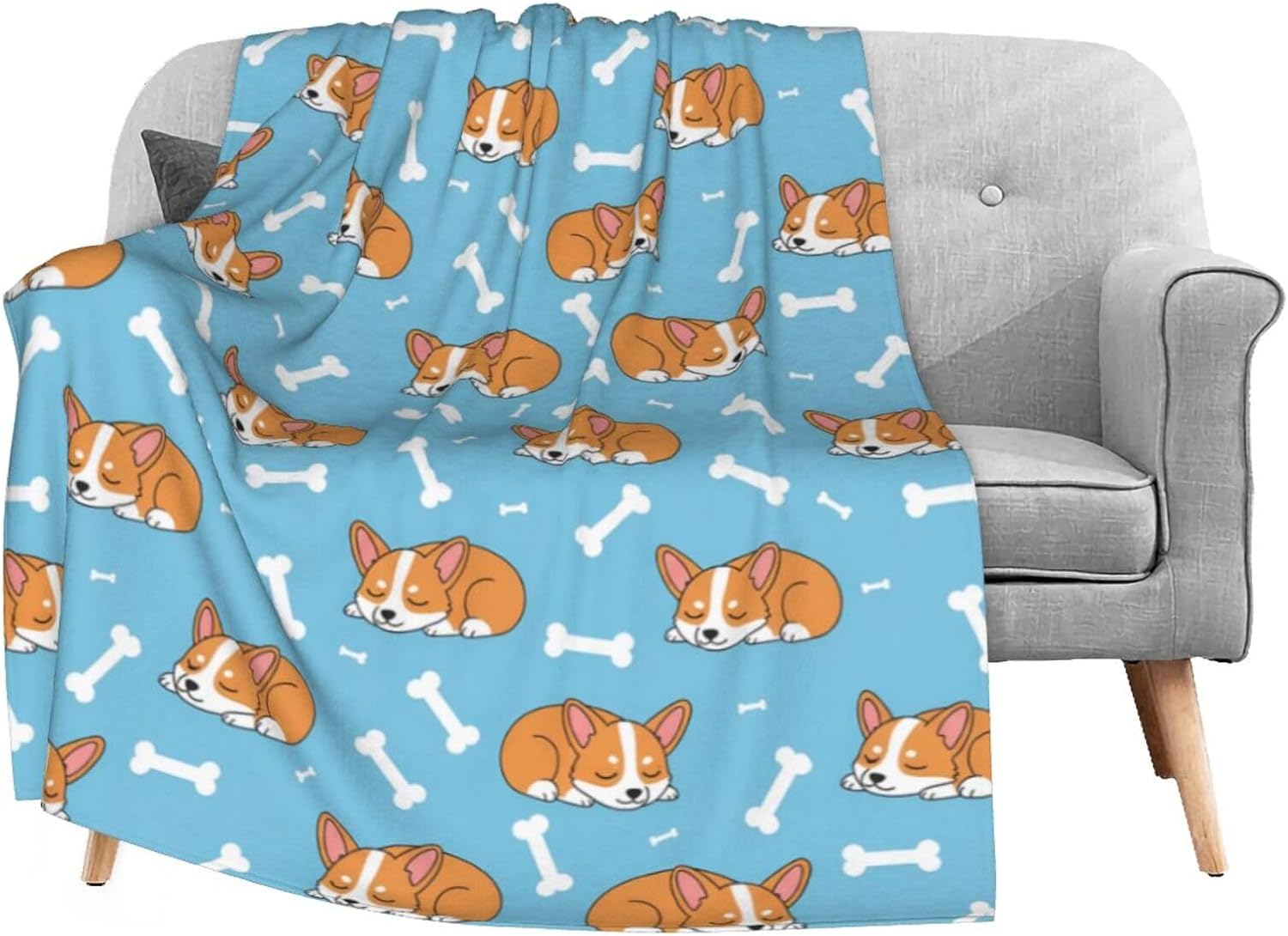 Kawaii Sleep Corgi Cute Blue Flannel Fleece Throw Blanket 50x60 inch Living Room/Bedroom/Sofa Couch Warm Soft Bed Blanket for Kids Adults