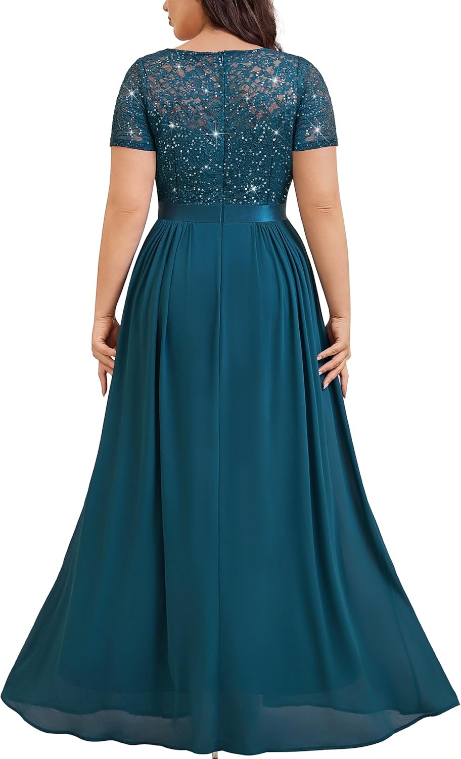 MISSMAY Women's Plus Size Sweetheart V Neck Sequins Lace Contrast Rhinestones Ribbon Waist Chiffon Prom Formal Dress - Image 2