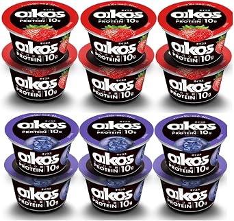 Dannon Yogurt, Oicos, 2 Sample Types, Set of 6 Each, 3.9 oz 110 g, Pack of 12 Blueberry, Strawberry