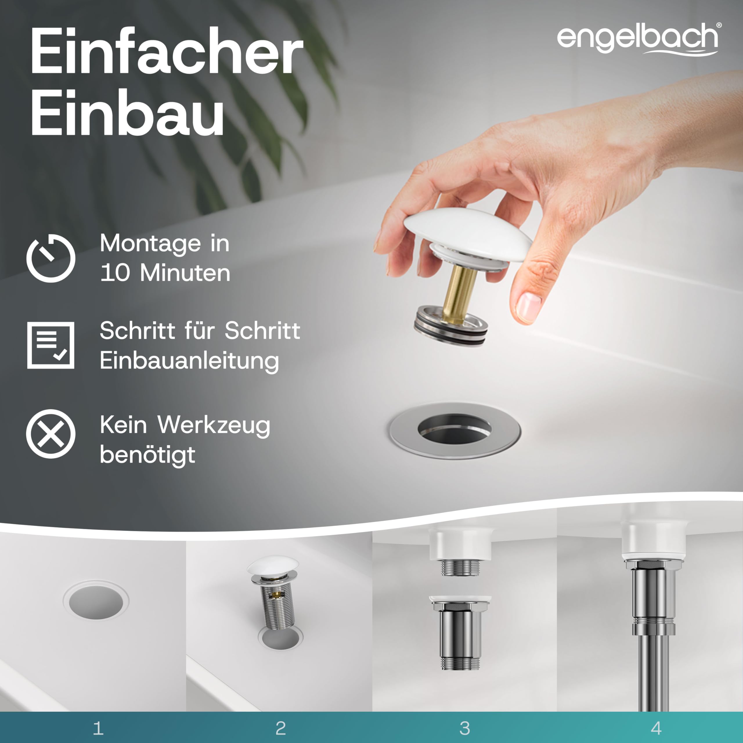 Engelbach® Uniwersalny zestaw odpływowy do umywalki – zawór pop-up (również do umywalek nablatowych) – wyjmowany korek z sitkiem na włosy – w zestawie instrukcja montażu, Ceramiczny z przelewem