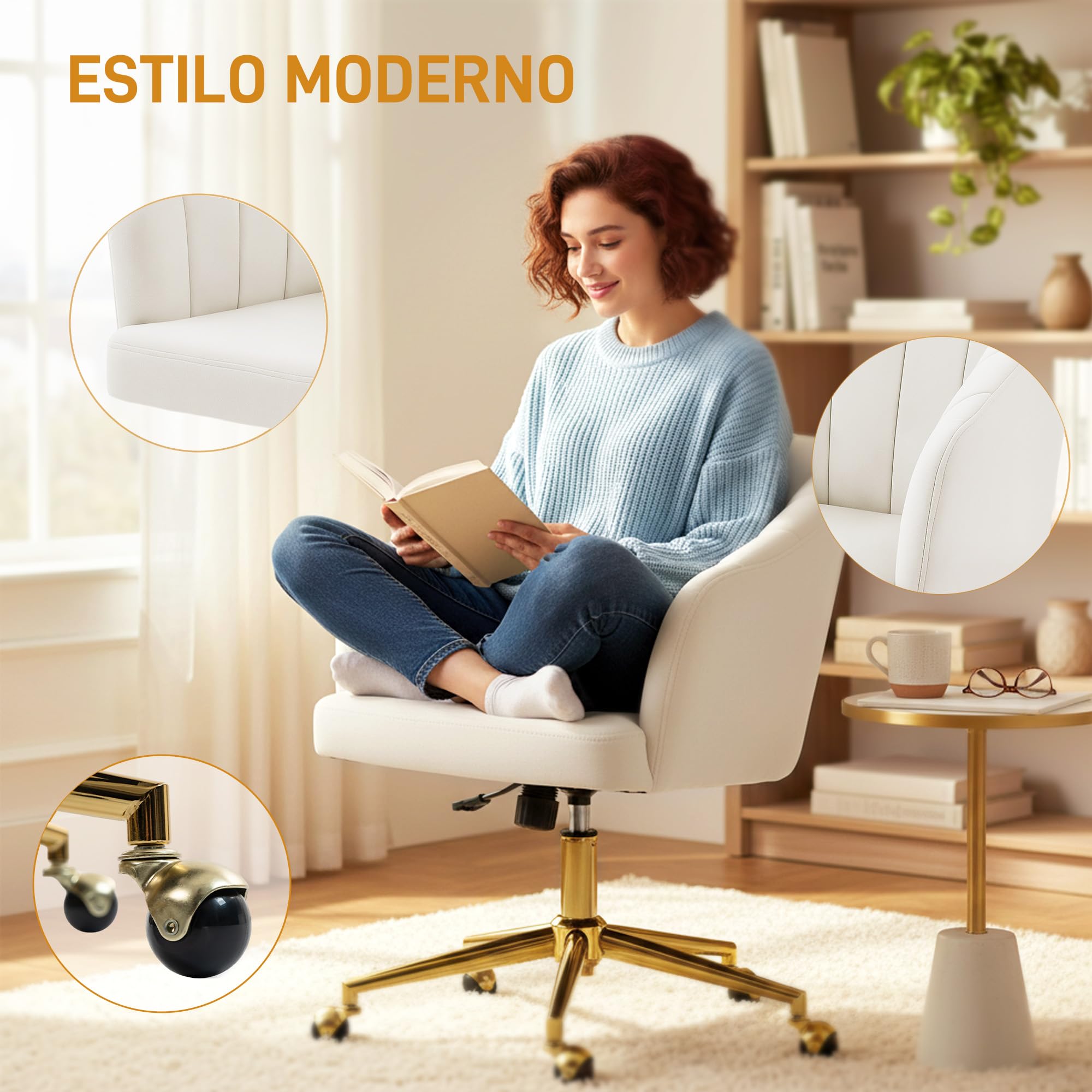 HOMCOM Silla de Oficina con Ruedas, Silla de Escritorio de Terciopel Crema | Respaldo Acolchado con Costuras, Asiento Ancho, Altura Ajustable, Espuma de Alta Resiliencia, para Casa, Oficina