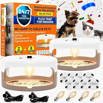 2 Pack Flea Traps for Inside Your Home, Indoor Flea Traps with 8 Sticky Pads, Flea Monitoring Trap for Home, Sticky Insect Catcher for Fleas, Moths & Gnats