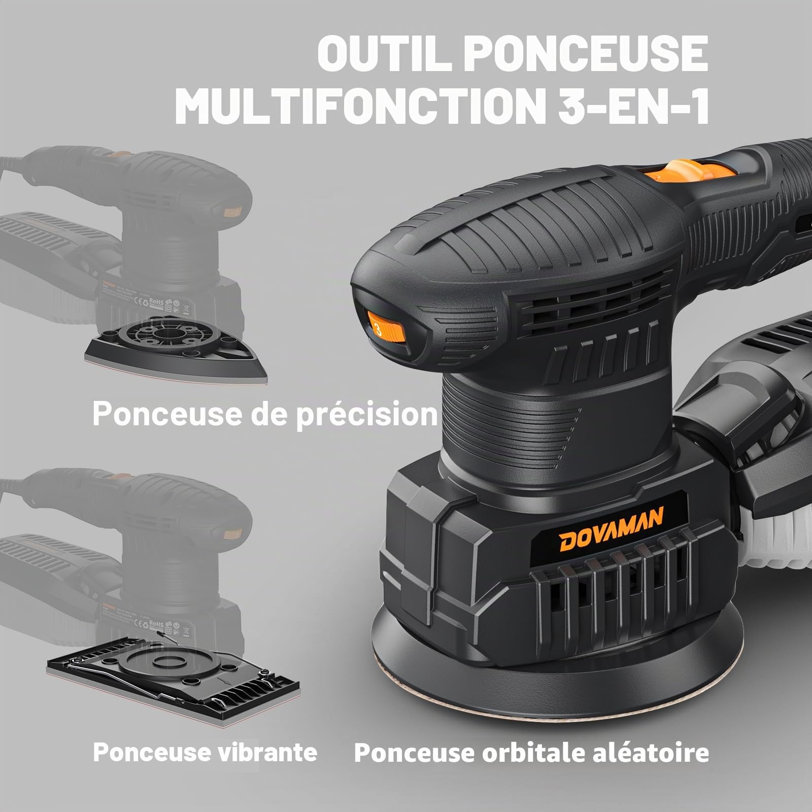 DOVAMAN ROS06A Ponceuse Multifonction 3-en-1, 200W Ponceuse de Détail, 6 Vitesses, 15 Papiers Abrasifs, Faible Vibration, Aspiration de la Poussière, Ponceuse Vibriante, Excentrique et de Détail