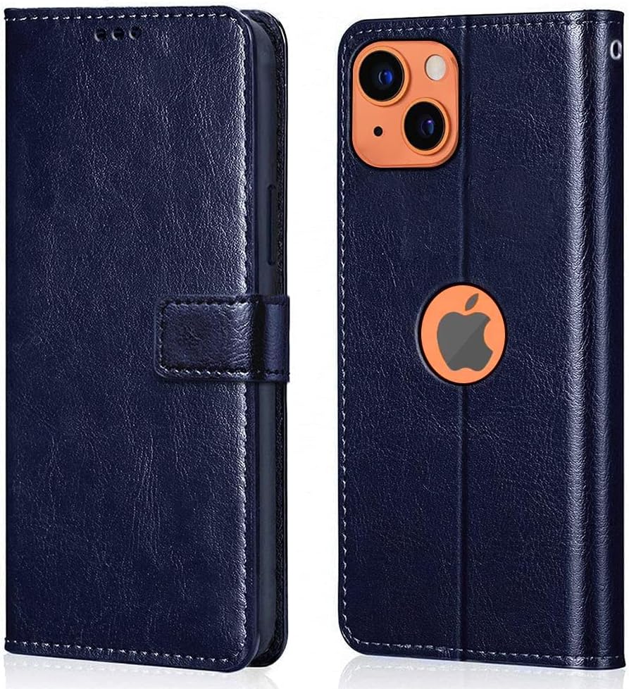 CLICKFLEEK Leather Finish Logo View Flip Cover Compatible for iPhone 14 | Inbuilt Stand & Pockets | Wallet Style Flip Case Compatible for iPhone 14 -(Blue)