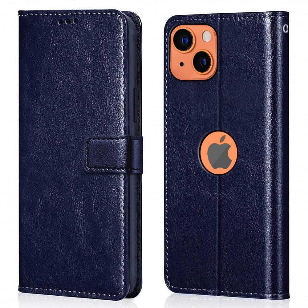 CLICKFLEEK Leather Finish Logo View Flip Cover Compatible for iPhone 14 | Inbuilt Stand & Pockets | Wallet Style Flip Case Compatible for iPhone 14 -(Blue)