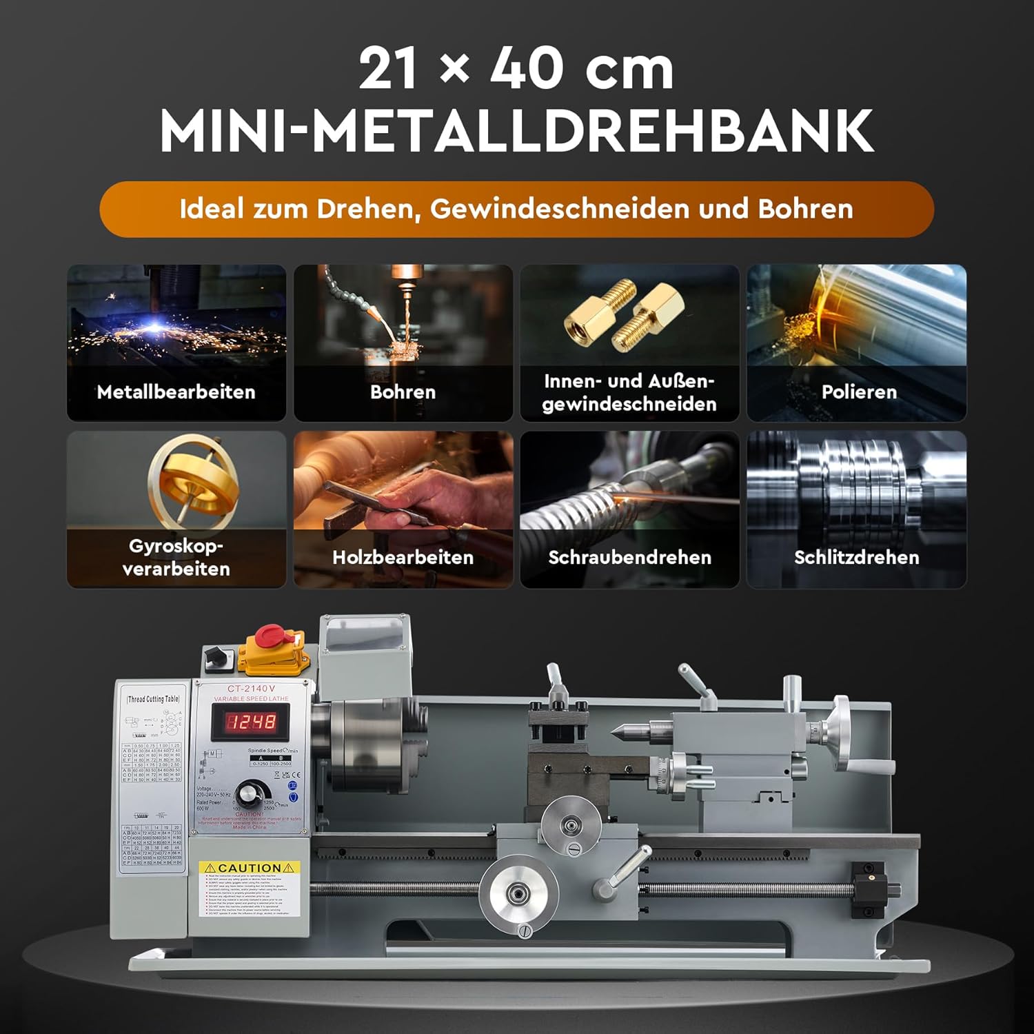 Illustrations of various lathe operations including metalworking, drilling, internal and external threading, polishing, gyroscopic processing, woodworking, screw turning, and slot turning.