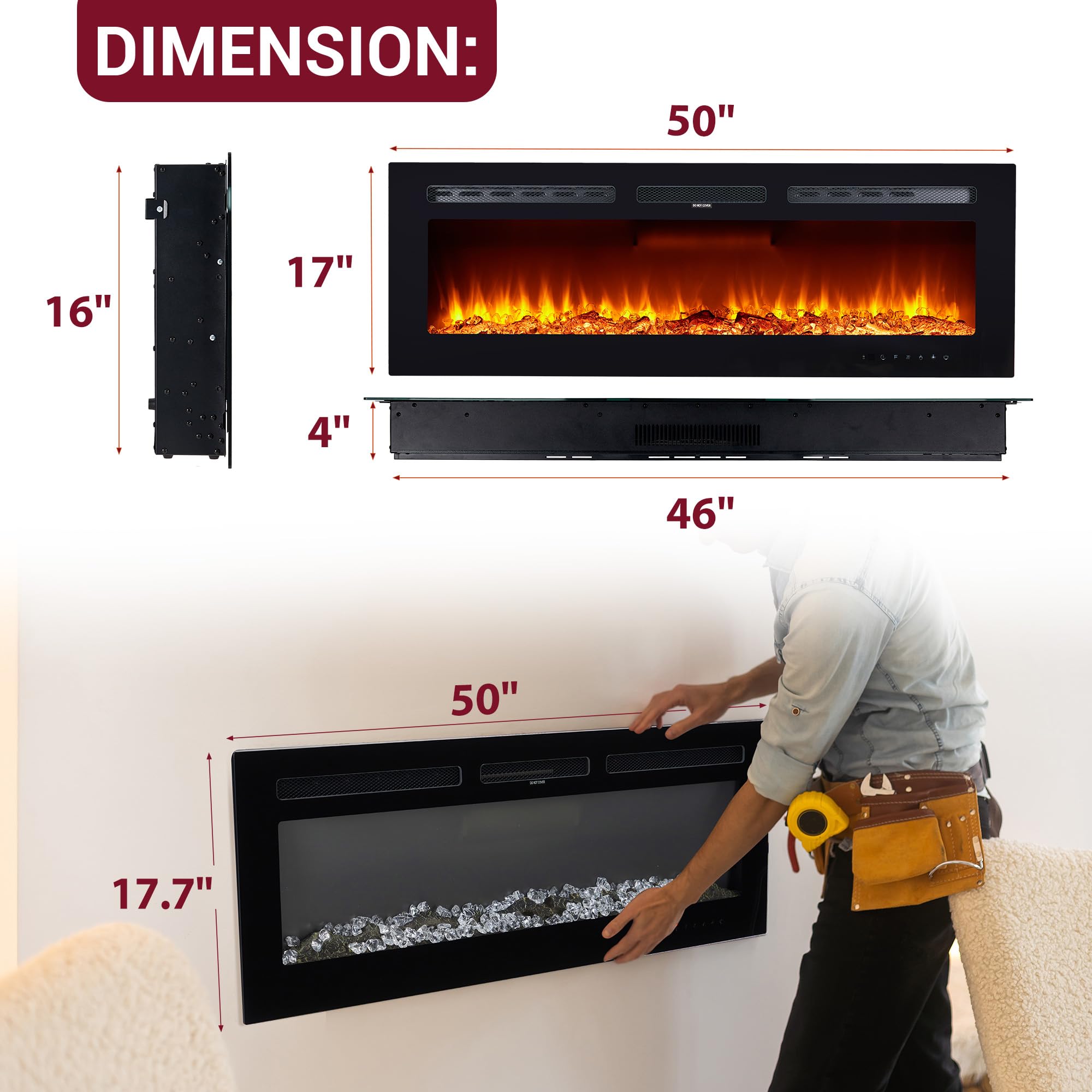 50inch Recessed Electric Fireplace with Remote Control, Electric Fireplace Wall Mounted, Low Noise Wall Fireplace Heater with Timer, Touch Screen, Adjustable Flame Color and Brightness, 750/1500W