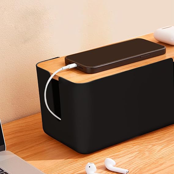 Cable Tidy Box Large Cable Box with Bamboo Lid Cable Management Box Black Cable Organiser for Hiding Cables and Plugs