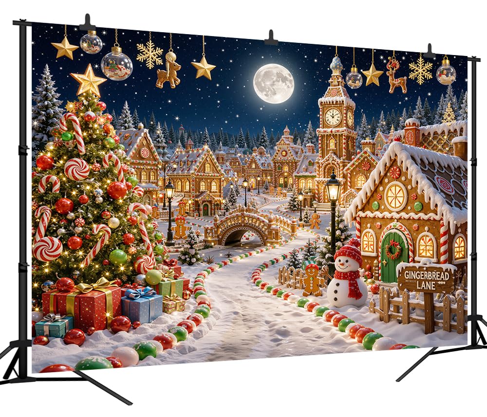 2,3 x 1,8 m, sfondo natalizio a tema pan di zenzero, città di pan di zenzero, paesaggio invernale con pupazzo di neve, sfondo fotografico per famiglia, bambini, Natale, vacanze, feste