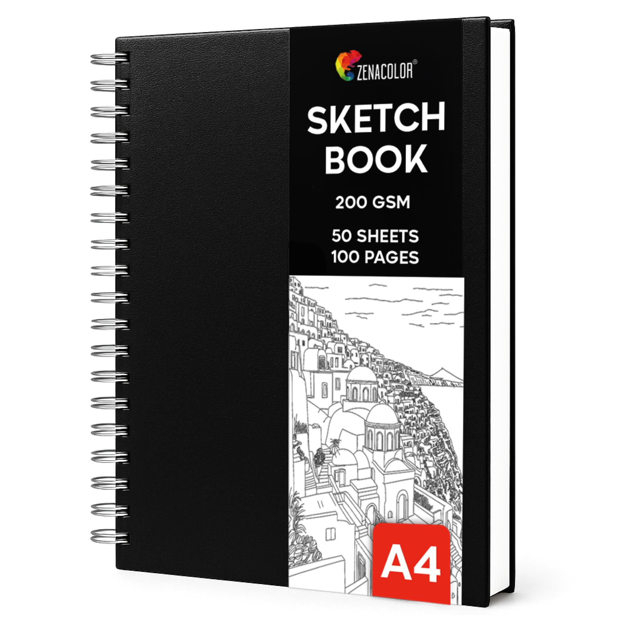 Zenacolor Sketchbook A4 - Copertina Rigida, Carta Spessa 200 g/m², 50 fogli / 100 pagine - Album da Disegno a Spirale, Quaderno da Disegno per Bambini, Amatori e Professionisti