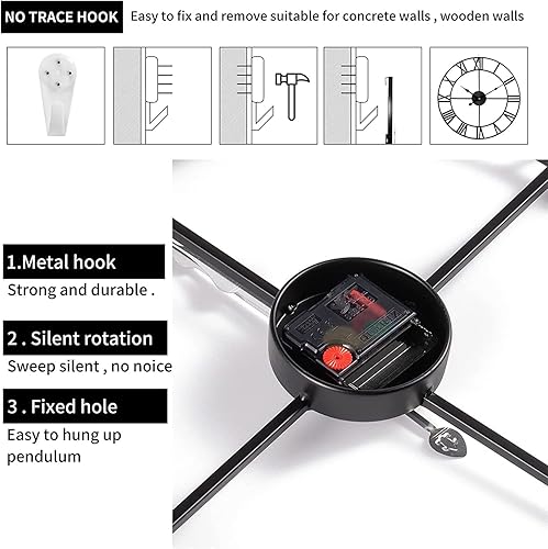 Miniatura 3 de 1st owned Reloj de pared grande de metal retro con números romanos, reloj de pared redondo moderno casi silencioso, fácil de leer para sala de