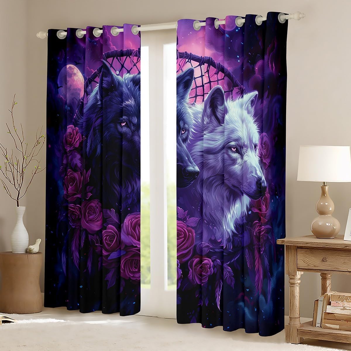 Safari Wolf Curtains Black And White Blackout Curtains 76x45,Wild Animal Wildlife Curtains & Drapes Romantic Rose Flower Bedroom Curtains Western Tribal Dreamcatcher Window Treatments Wedding Gift