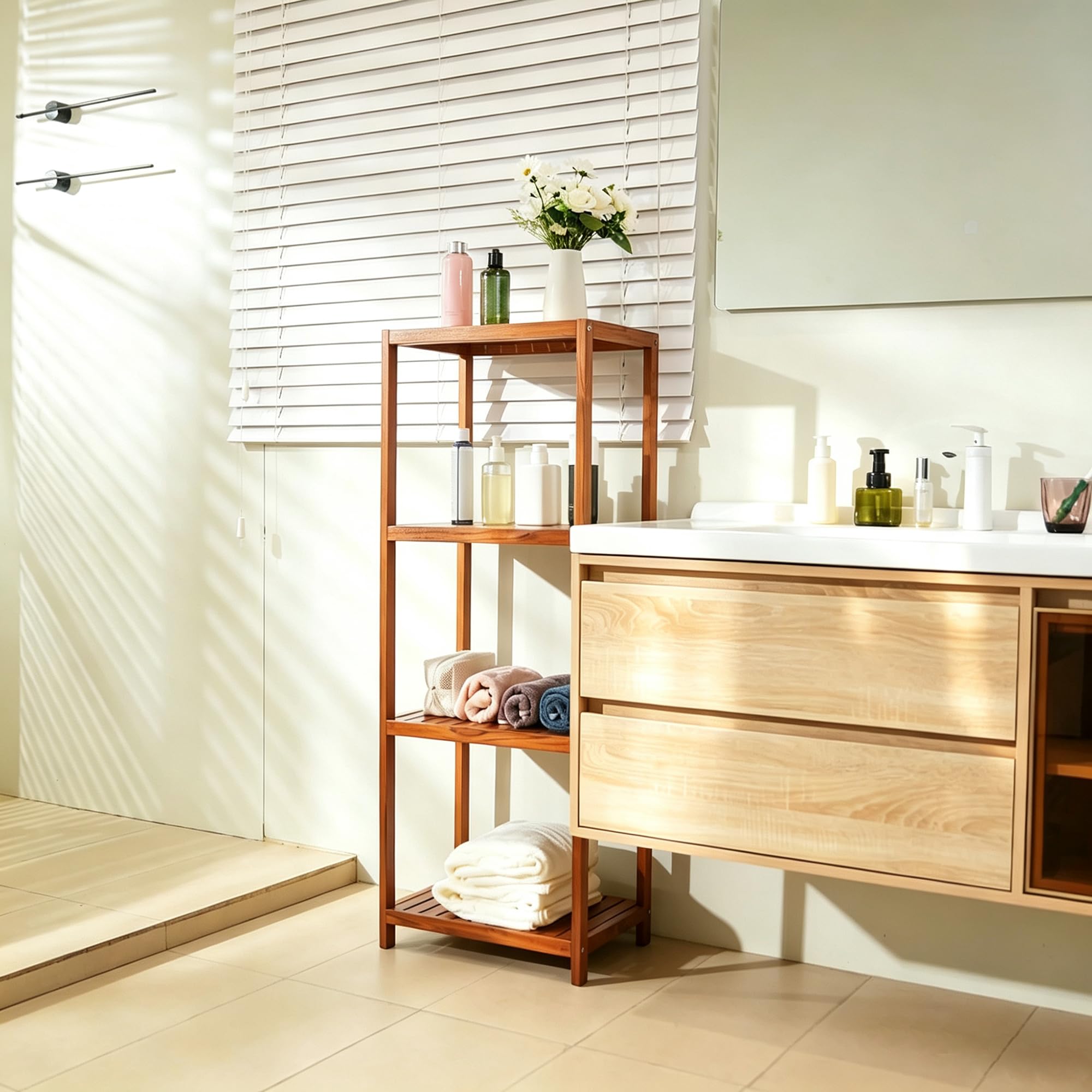 VaeFae Estante de baño de teca, estante de almacenamiento de 4 niveles, organizador de estante de madera para baño, cocina, sala de estar, lavandería, garaje