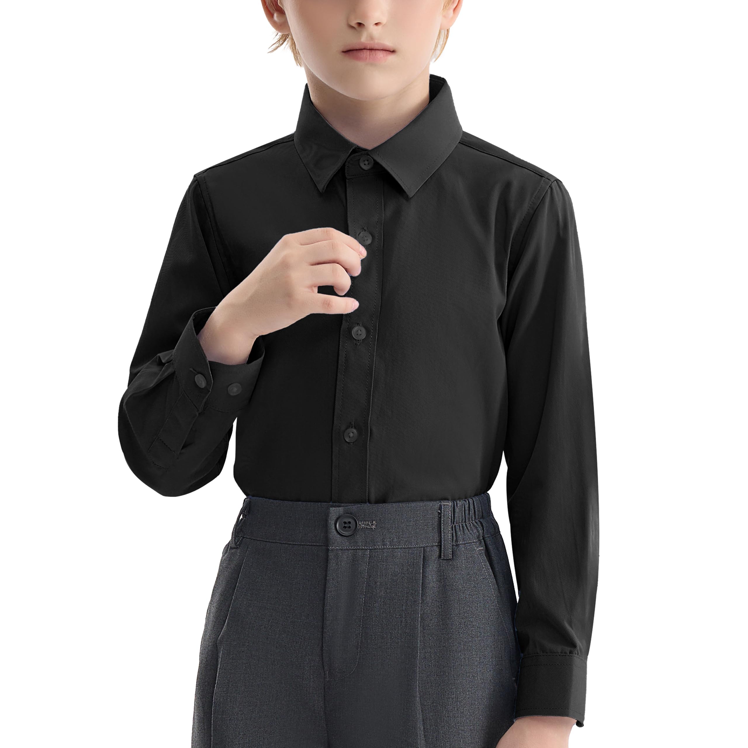 LOLANTA Camicia a Maniche Lunghe per Ragazzi Camicia Formale a Tinta Unita Button Down Camicia Uniforme Scolastica per Bambini