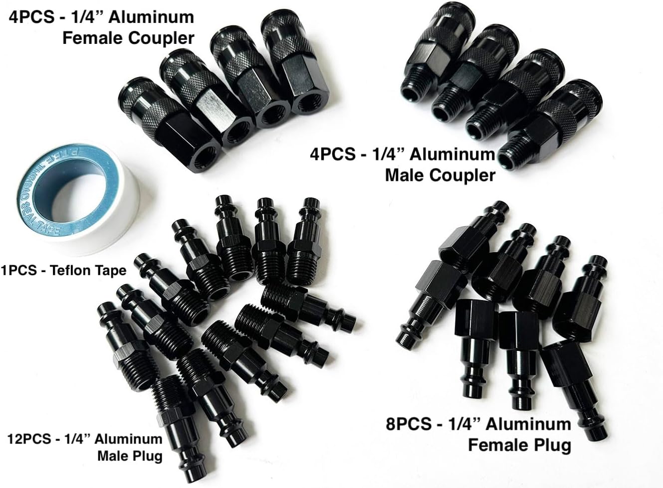 SANFU Air Hose Fittings, Aluminum AMT Universal Air Coupler and I/M Industrial Type Air Plug Kit, 1/4 Inch Threads Size, 1/4 Inch Body Size, 29 Pieces Air Compressor Accessories Fittings Kit(Black)