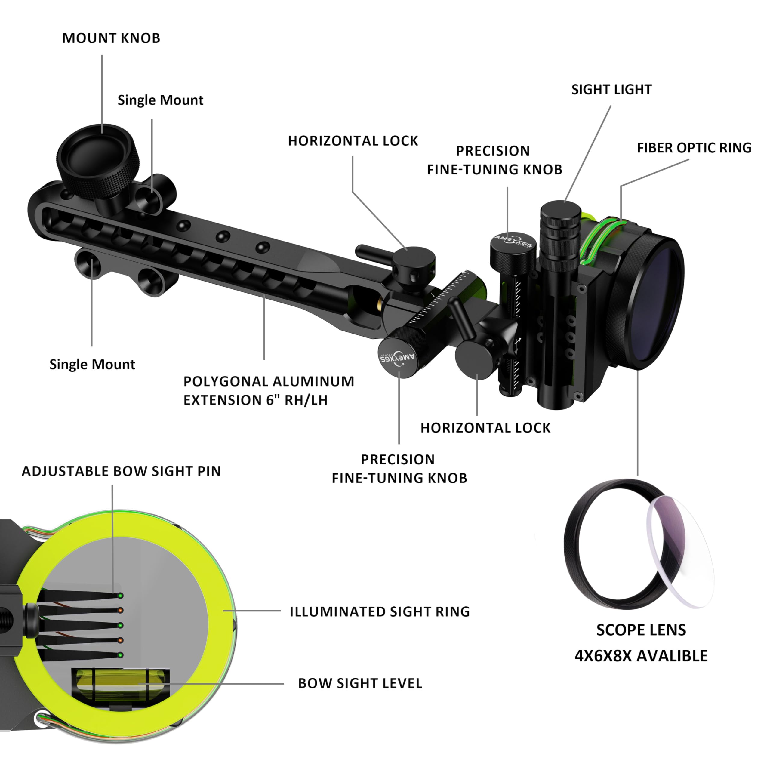 Mirino composto a 5 pin, regolazione del vento e dell'elevazione senza attrezzi, perni in fibra ottica 0,019 con kit di lenti di ingrandimento 4X, 6X, 8X, DX, LH, per caccia con l'arco