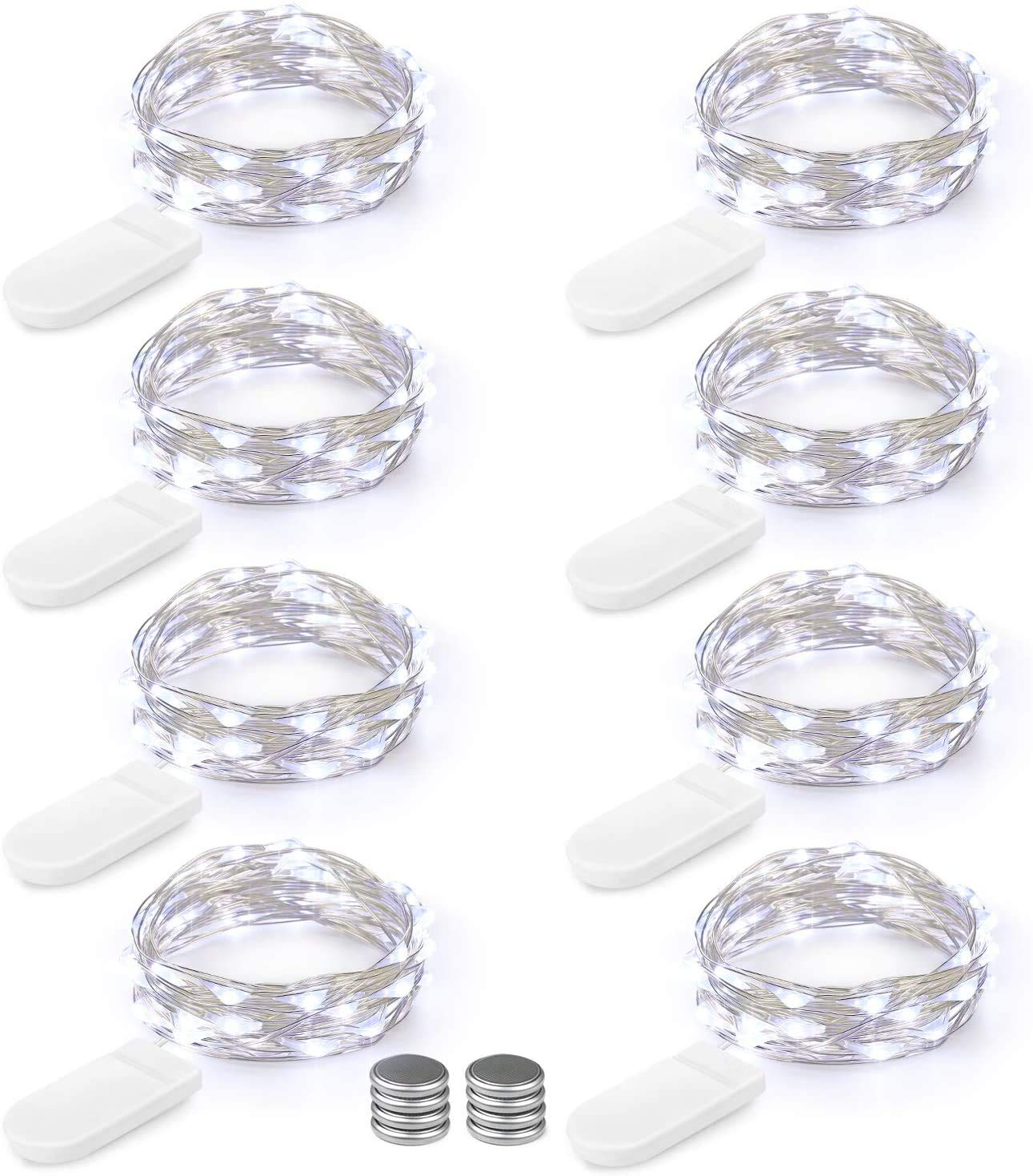 [8 Pezzi] BrizLabs 2M 20LEDs Luci Stringa Filo Di Rame Bianco Freddo Lucine Decorative a Batteria, Micro Argento Impermeabile Luci Per Camera Feste Giardino Natale (Viene fornito con 8 batterie extra)