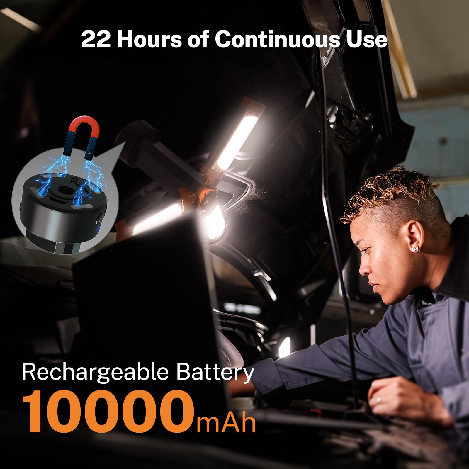 OGERY Lampe de camping rechargeable de 10 000 mAh avec support de 2 m de hauteur maximale, lampe de travail sans fil avec 3 têtes de lampe LED, 2200 lumens, lampe de poche d'urgence magnétique à