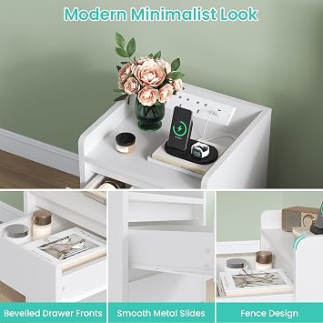 Feonase Bedside Table with 3 Drawers and Charging Station, Modern Nightstand End Table, Water-Resistant Side Table for Bedroom Living Room, White