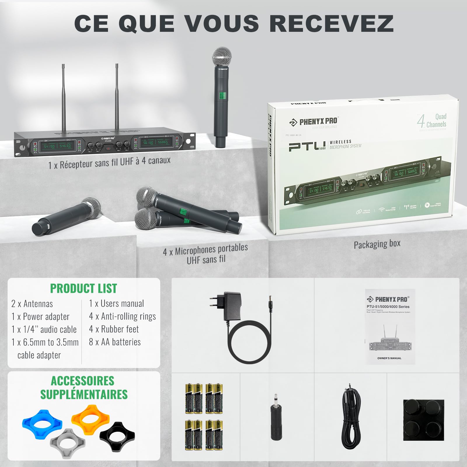 Phenyx Pro Système de Microphone sans Fil UHF 4 canaux avec Quatre micros Portables, Construction entièrement métallique, PTU-5000A