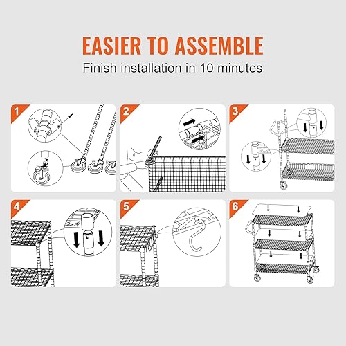 Miniatura 6 de VEVOR - Carrito de cocina de 3 niveles, mesa rodante de alambre con capacidad de 299.8 KG, escritorio de servicio de acero sobre ruedas, carro de