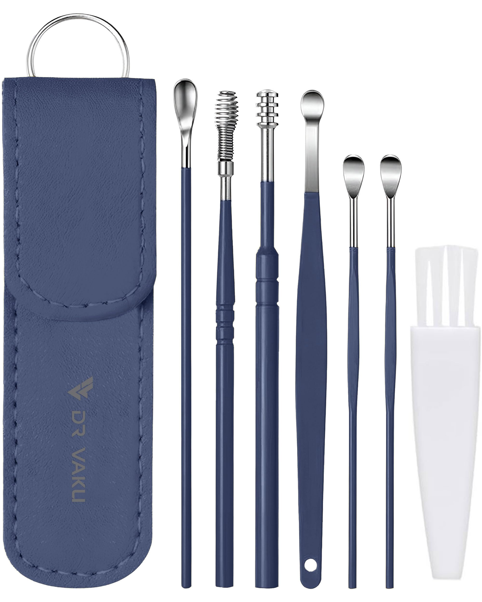 Dr Vaku® Reusable EarWax Removal Cleaning Tool Kit (Set of 7) Stainless Steel With Storage Case Ear Pick Scoop Curette Cleaner And Spring Buds Safe Easy & Hygienic- Blue
