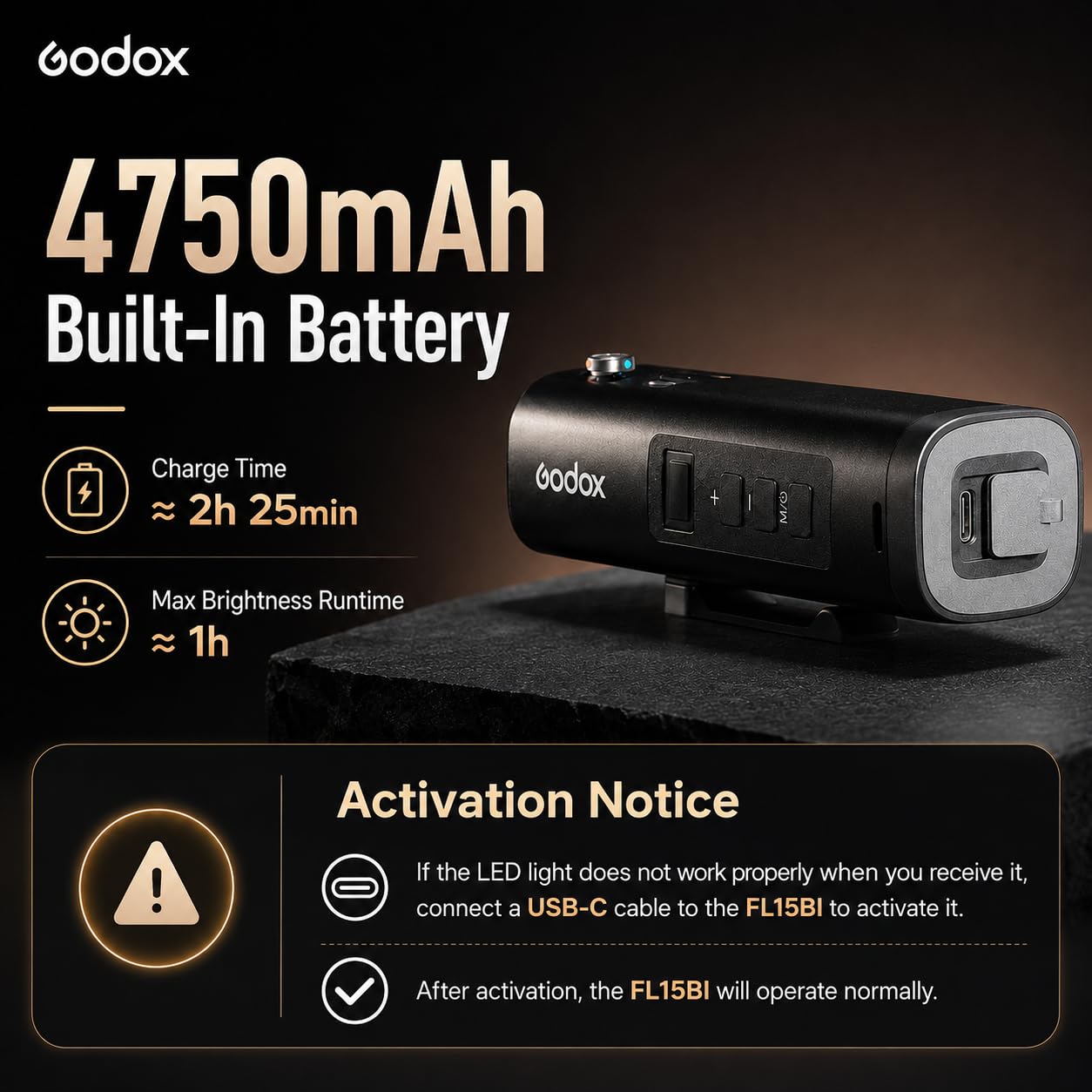 Godox FL15Bi Luce Video LED Bicolore Portatile, 2800K-6500K, 25600 Lux @0.5m, CRI 97 TLCI 98, Batteria Integrata 4750mAh, USB-C, 11 Effetti FX, Controllo App, IP54 per Video Ritratto Content Creation