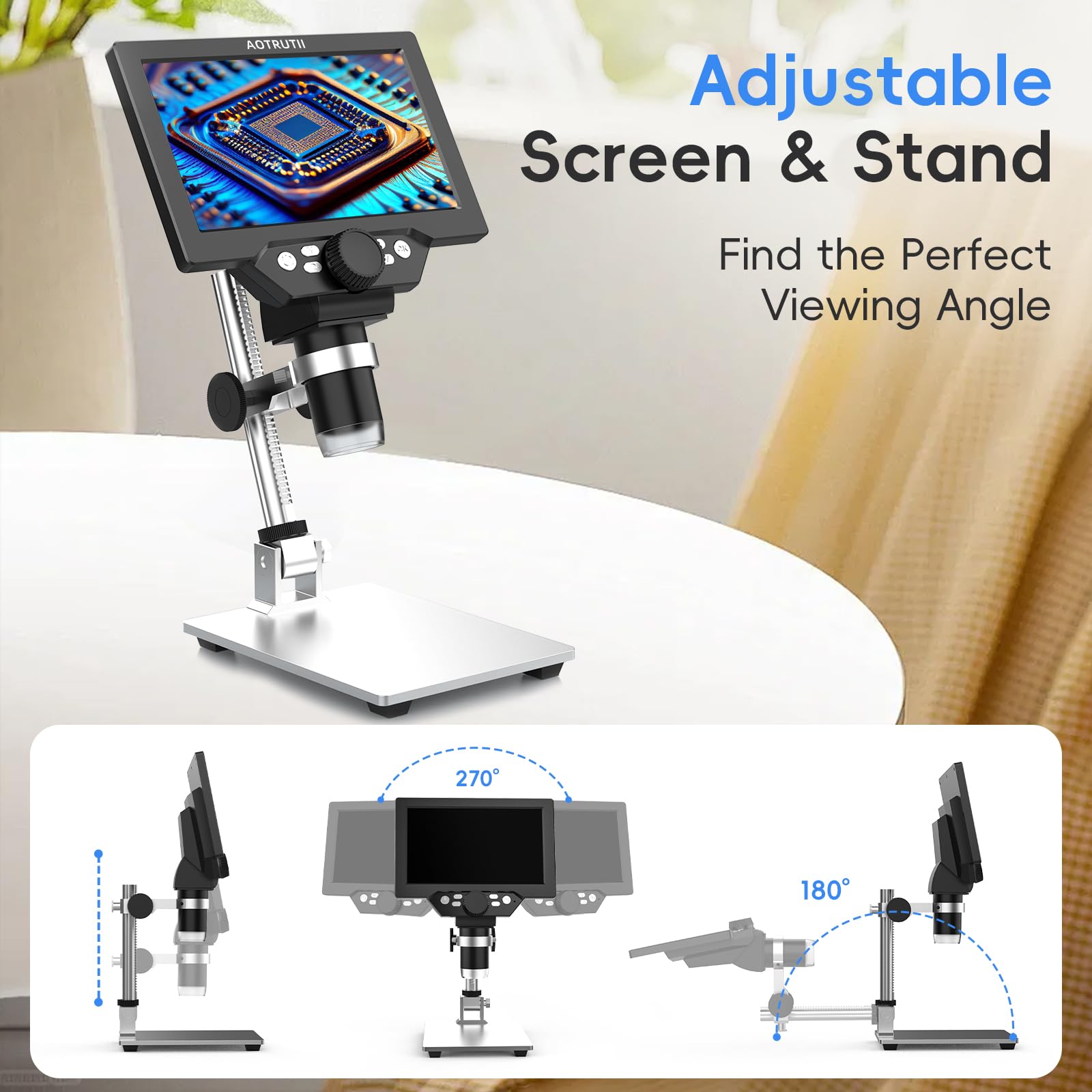 Microscopio digital LCD de 7 pulgadas, aumento de 1200X, cámara de video HD 12MP 1080P con soporte de metal, 8 luces LED, ventanas compatibles para inspección de monedas, placas de circuito