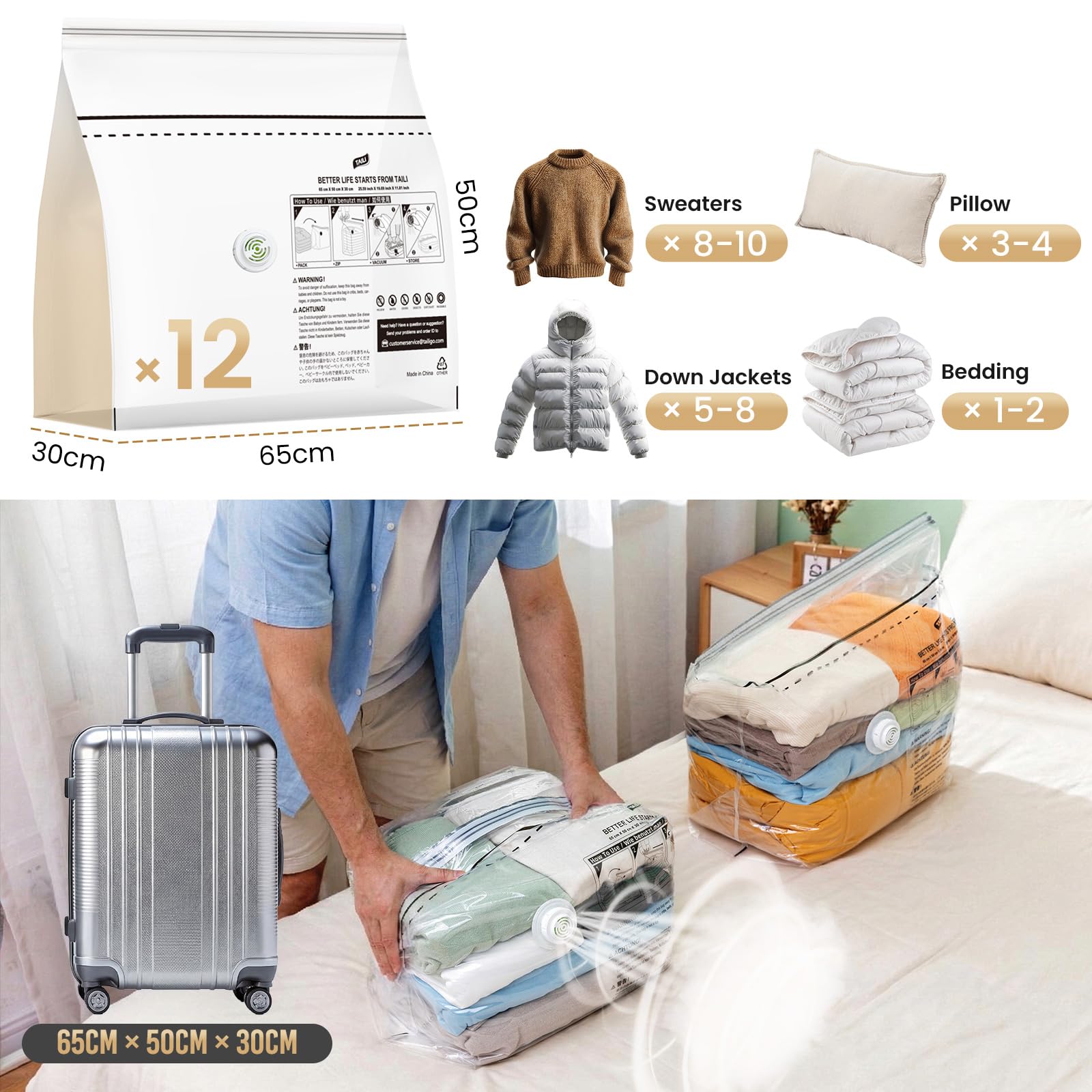 TAILI 12 Pack Sacchetti Sottovuoto Cubo, Formato Medio(48x27x65cm) | sacchetti di compressione senza pompa per coperte, vestiti per neonati, soluzione salvaspazio per lo stoccaggio domestico