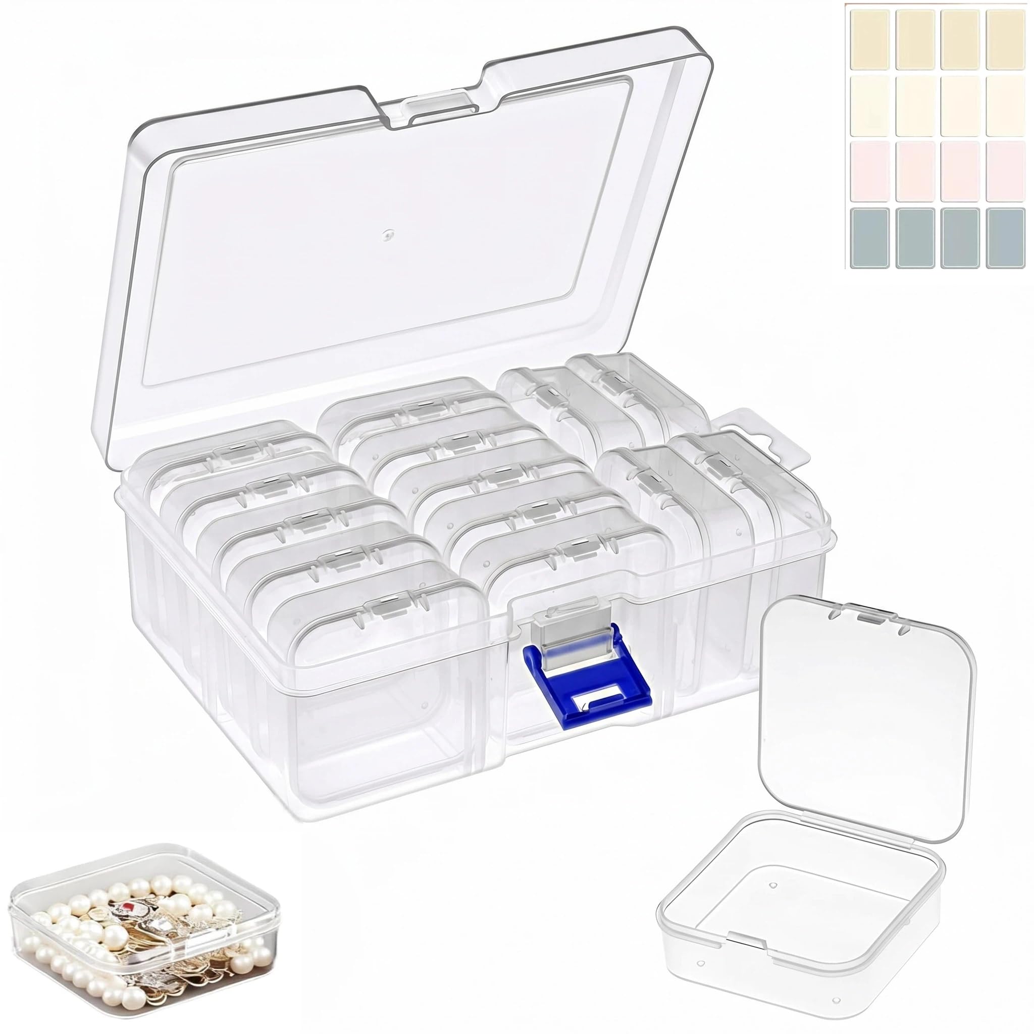 15 Pcs Bead Organiser Storage Box, Small Plastic Organiser Box with Stickers, Small Plastic Organiser Box Clear Storage Containers with Hinged Lid for Diamonds, Beads, Stickers (16.1×11.7×6cm)
