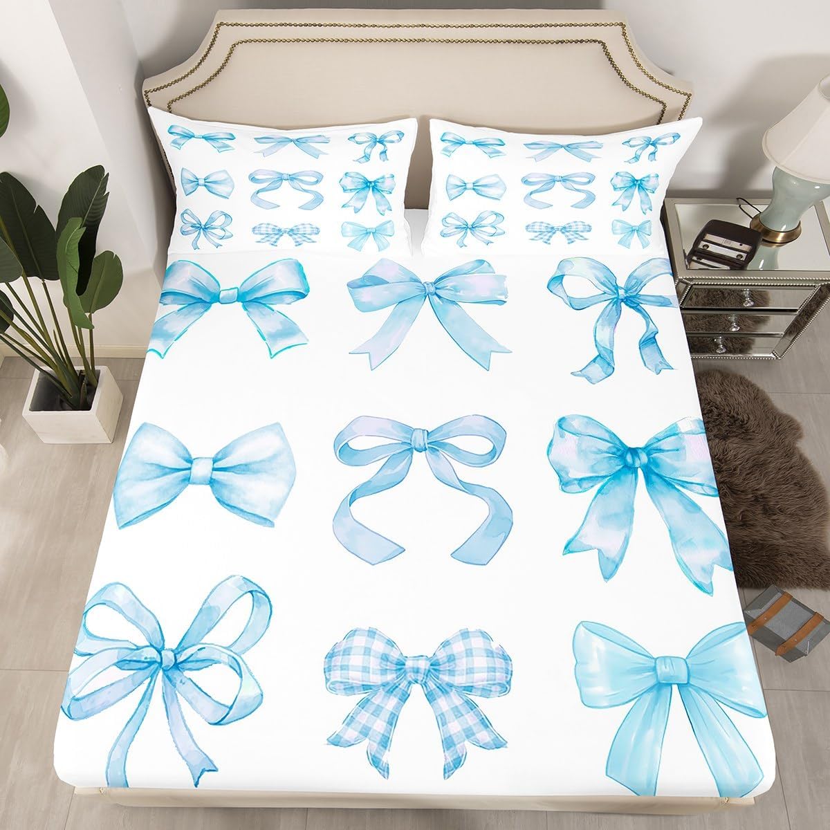 jejeloiu Blue Bow Bed Sheets Set for Kids Girls Twin Size Girly Fitted Sheet Ultra Soft Bowknot Bedding Set Cute Coquette Bow Knot Bedding Collection