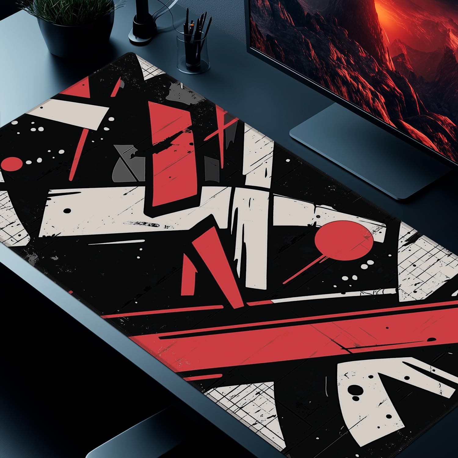 Extra Large Abstract Gaming Mouse Pad for Computer, Laptop & Keyboard - 31.5"x15.7", Non-Slip Rubber Base, Water-Resistant Surface, Extended Mousepad for Gamers & Office (Crimson Shards, XX-Large)