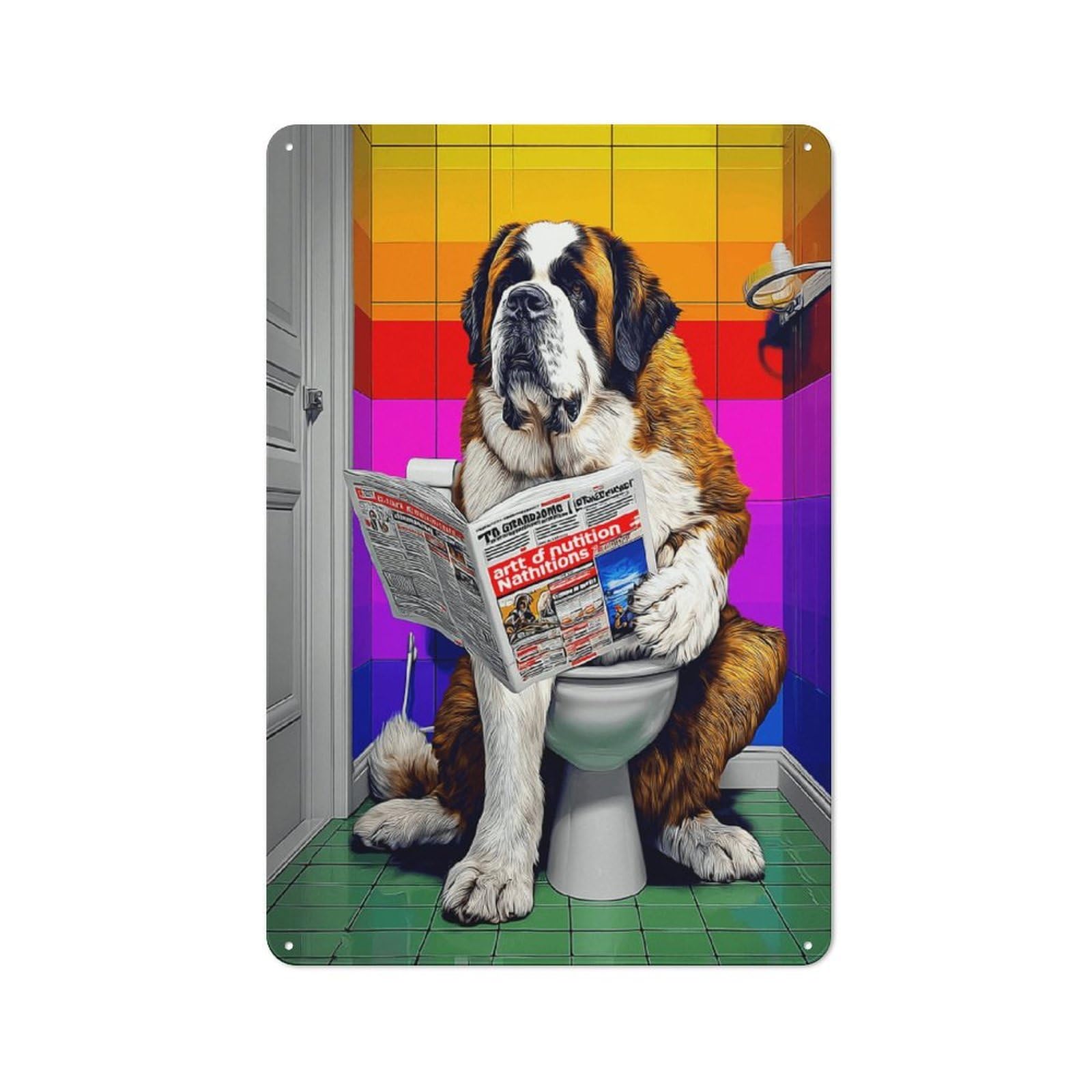 Junmoney Dog Reading Newspaper On Toilet -1 Metal Wall Sign With Design 30X20cm, Loft Style Studio Wall Art For Flat, Bar, Studio Or Gallery Wall