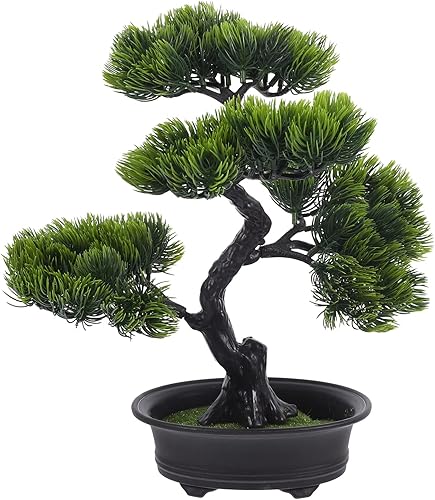 HOMSFOU Bonsái de árbol de pino artificial, árbol de plástico realista, planta falsa en maceta, adornos de árbol falso, bonsái de cedro japonés para