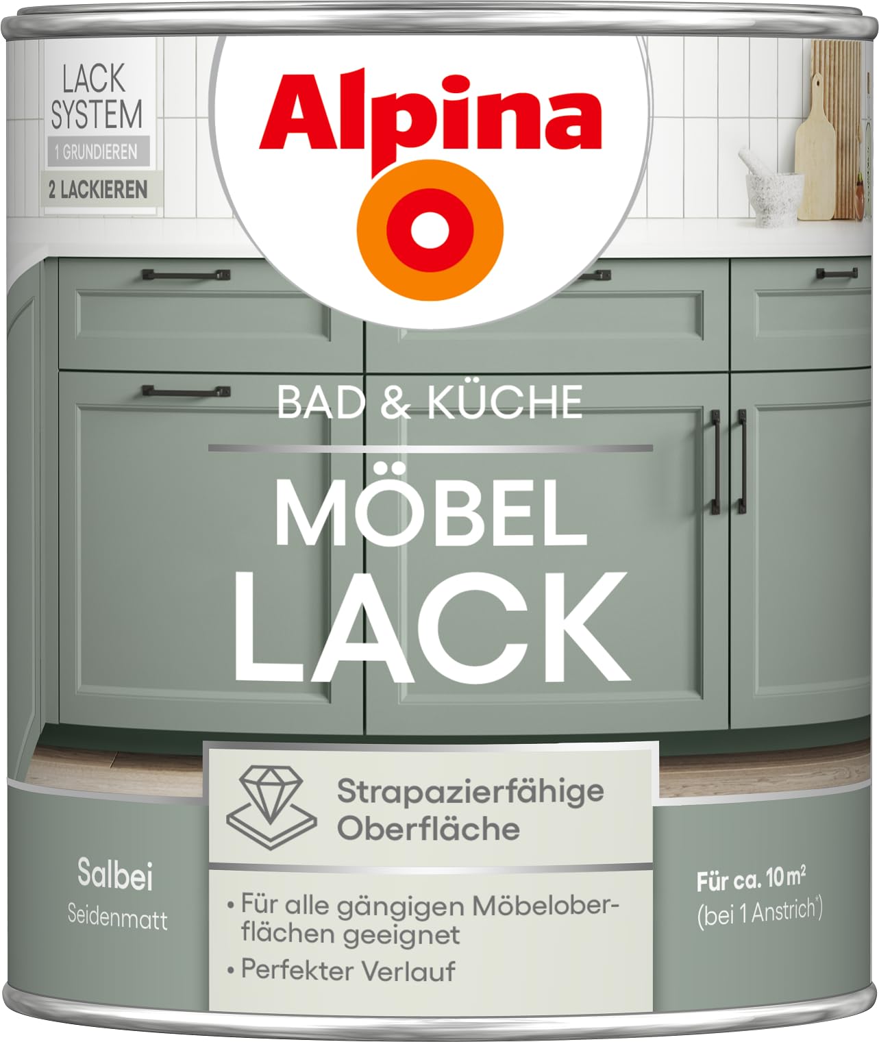 Alpina Bad & Küche Möbel-Lack Salbei – seidenmatter Lack für Bad- & Küchenmöbel aus Holz & MDF, streichfertig, hochdeckend & feuchtraumgeeignet, ideal für DIY-Renovierung – 0,75L