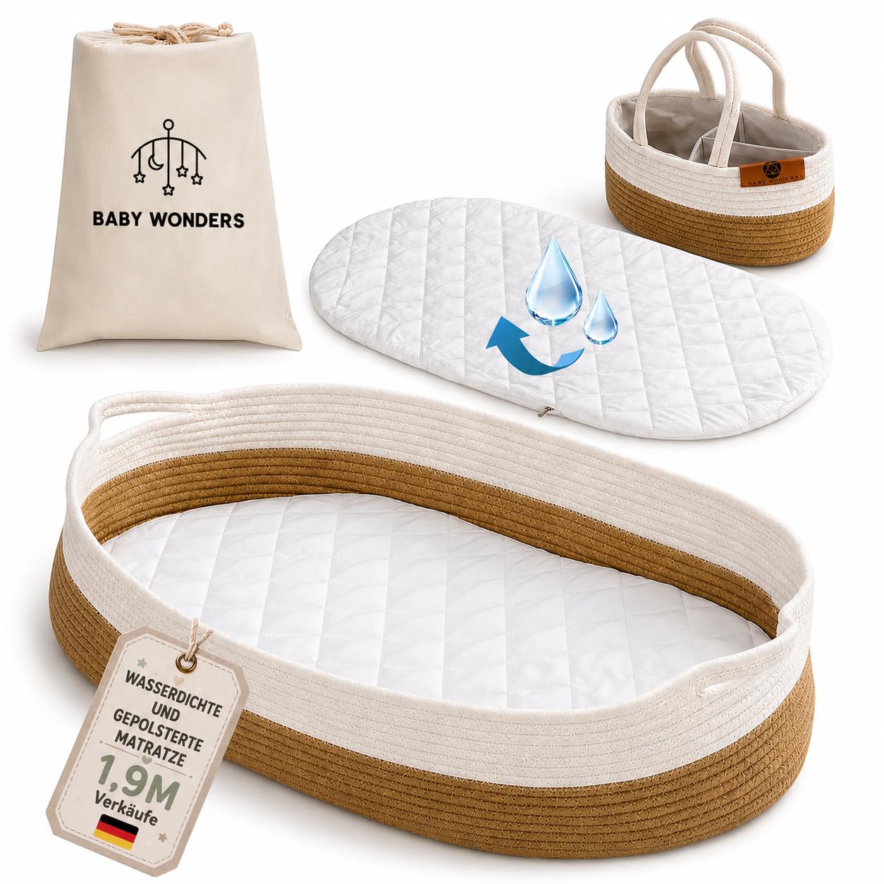 Baby Wonders® Wickelkorb moseskorb baby mit wickelauflage beige, wickelaufsatz für Kommode, baby changing pad tragbar