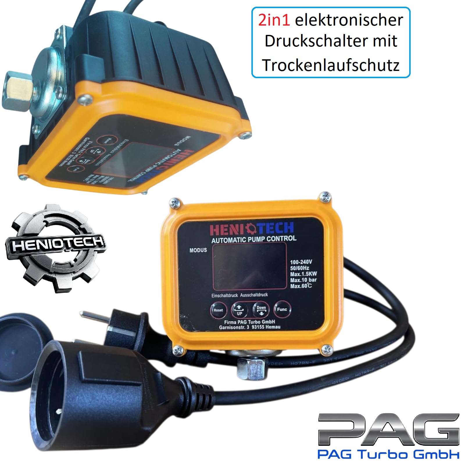 EPC-10 2in1 Elektronischer Druckschalter + Trockenlaufschutz für Gartenpumpe Tiefbrunnenpumpe, anpassbare Druckeinstellungen (0,5-7,0 bar) (EPC-10)