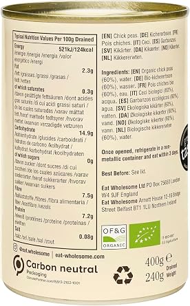 Eat Wholesome Organic Chick Peas, 400g (Pack of 12) - In Water, Pre-Cooked, No Added Salt, 100% Natural, Source of Protein, Vegan, Non-BPA Lining