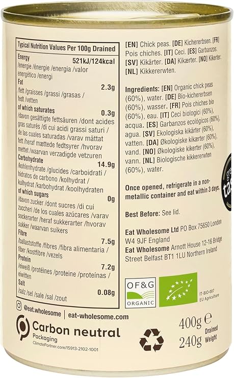 Eat Wholesome Organic Chick Peas, 400g (Pack of 12) - In Water, Pre-Cooked, No Added Salt, 100% Natural, Source of Protein, Vegan, Non-BPA Lining