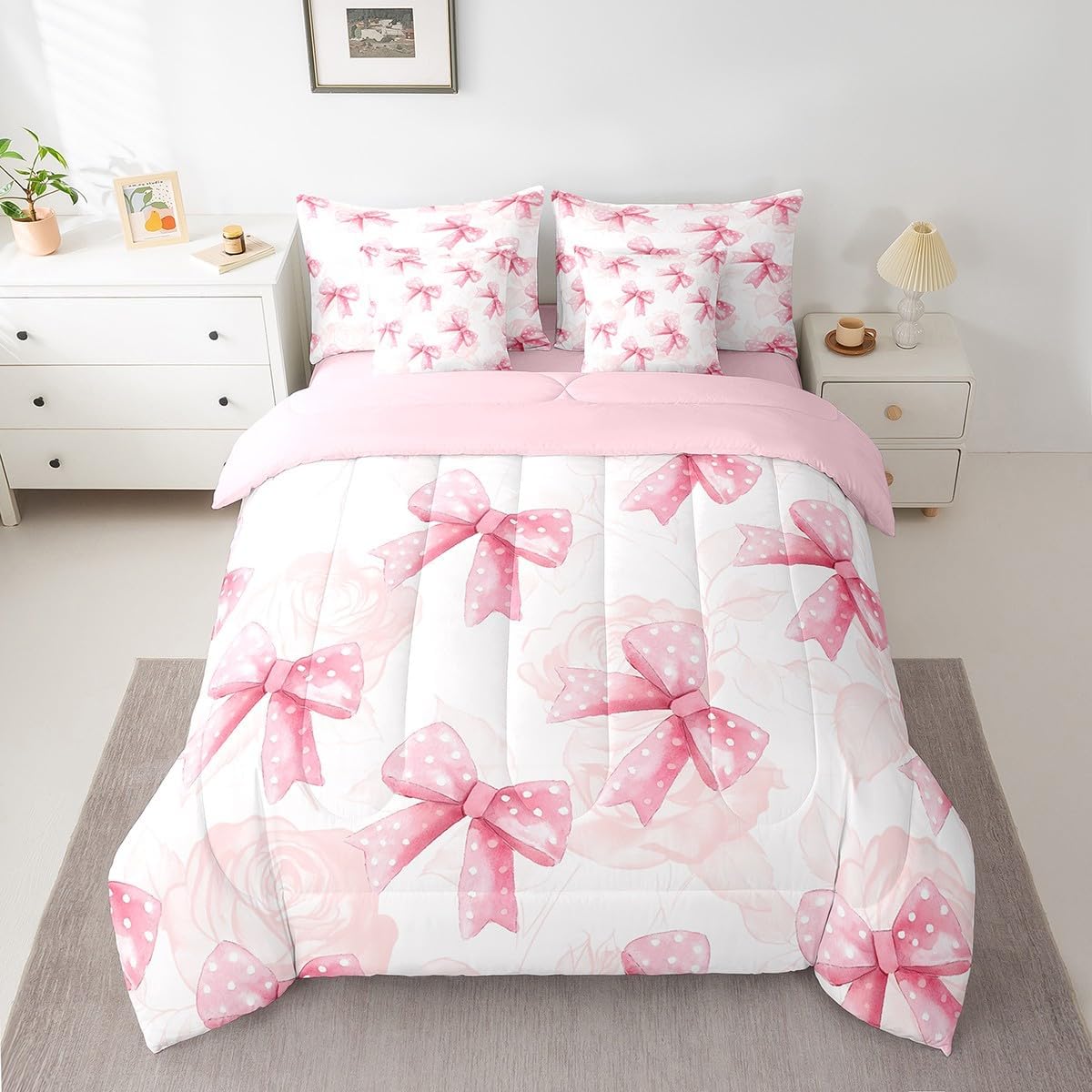Feelyou Kids Pink Bow Comforter Set with Sheets Full Size, Cute Bowknot 7 Pieces Bed in a Bag Set Boys Girls Romantic Rose Bed in a Bag Teens Bedroom Decor 7Pcs