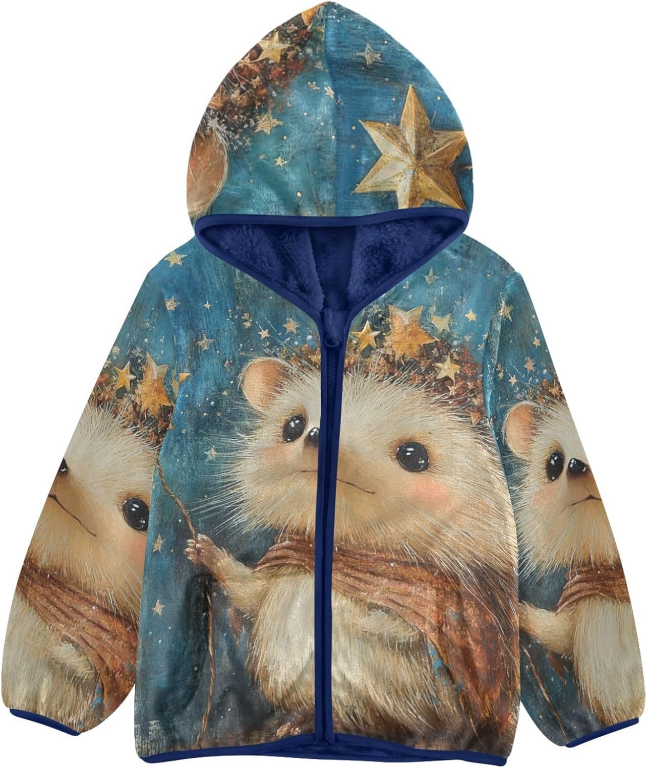 Hedgehog Cartoon Illustration Toddler Soft Jackets Children Plush Outerwear Navy Blue Baby Boys Hoodie