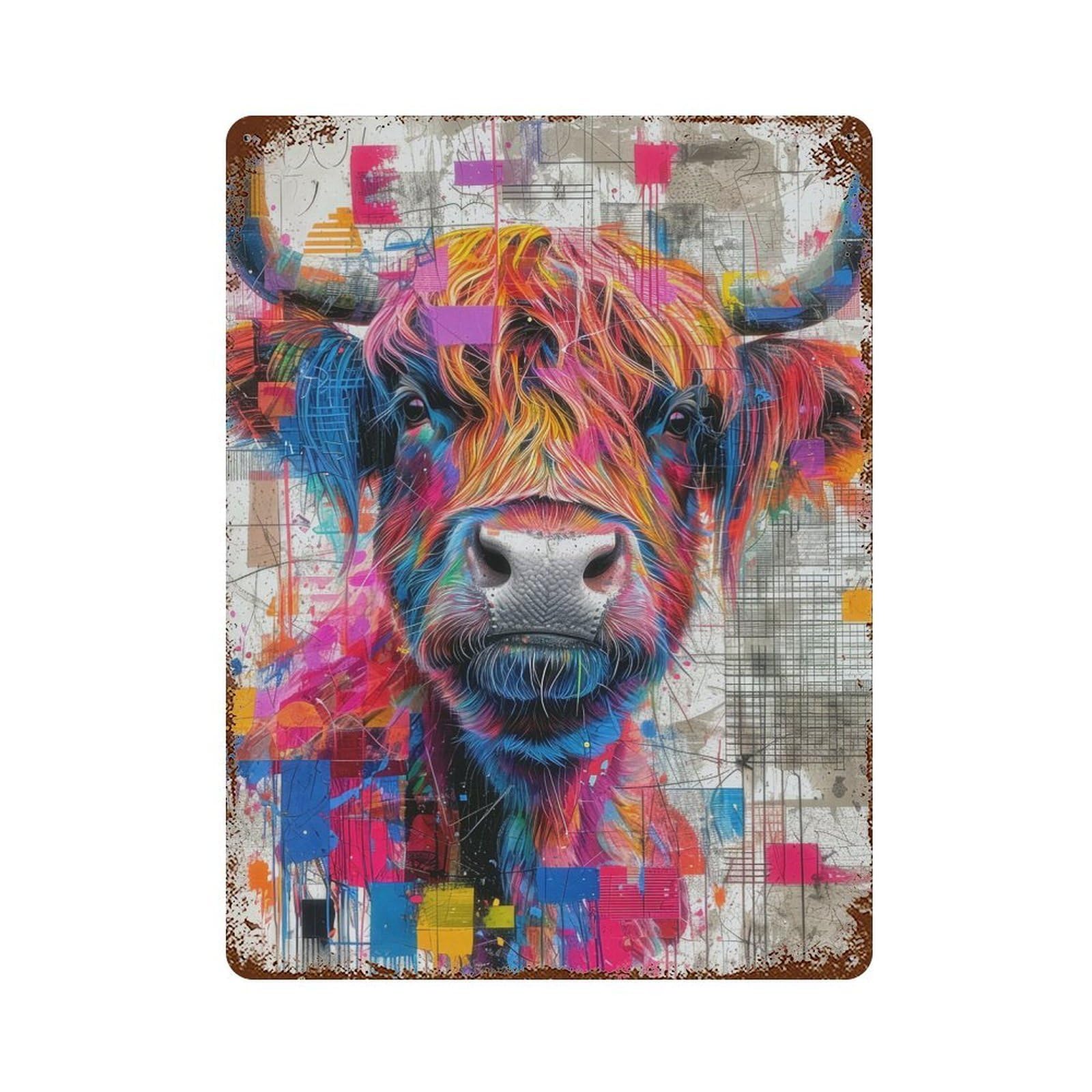Vintage Metal Tin Sign Highland Cow Colorful Face 15.7"x11.8", Industrial Home Decor for Farmhouse, Kitchen And Entryway Decor