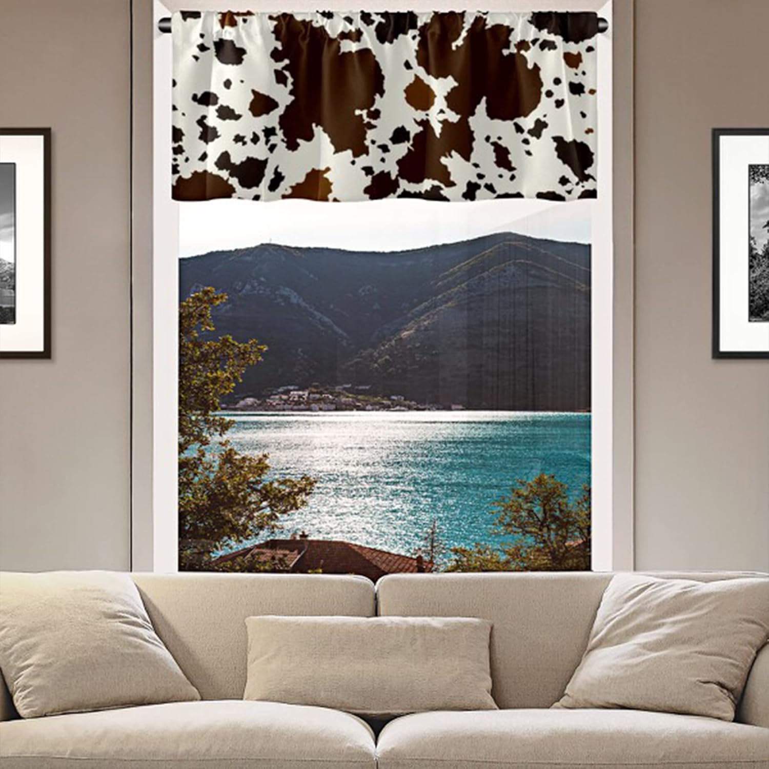 Western Brown Black Cow Print Window Valance Curtains Blackout Curtain Lined Rod Pocket for Kitchen Bathroom Living Room Decor 18x52 Inches