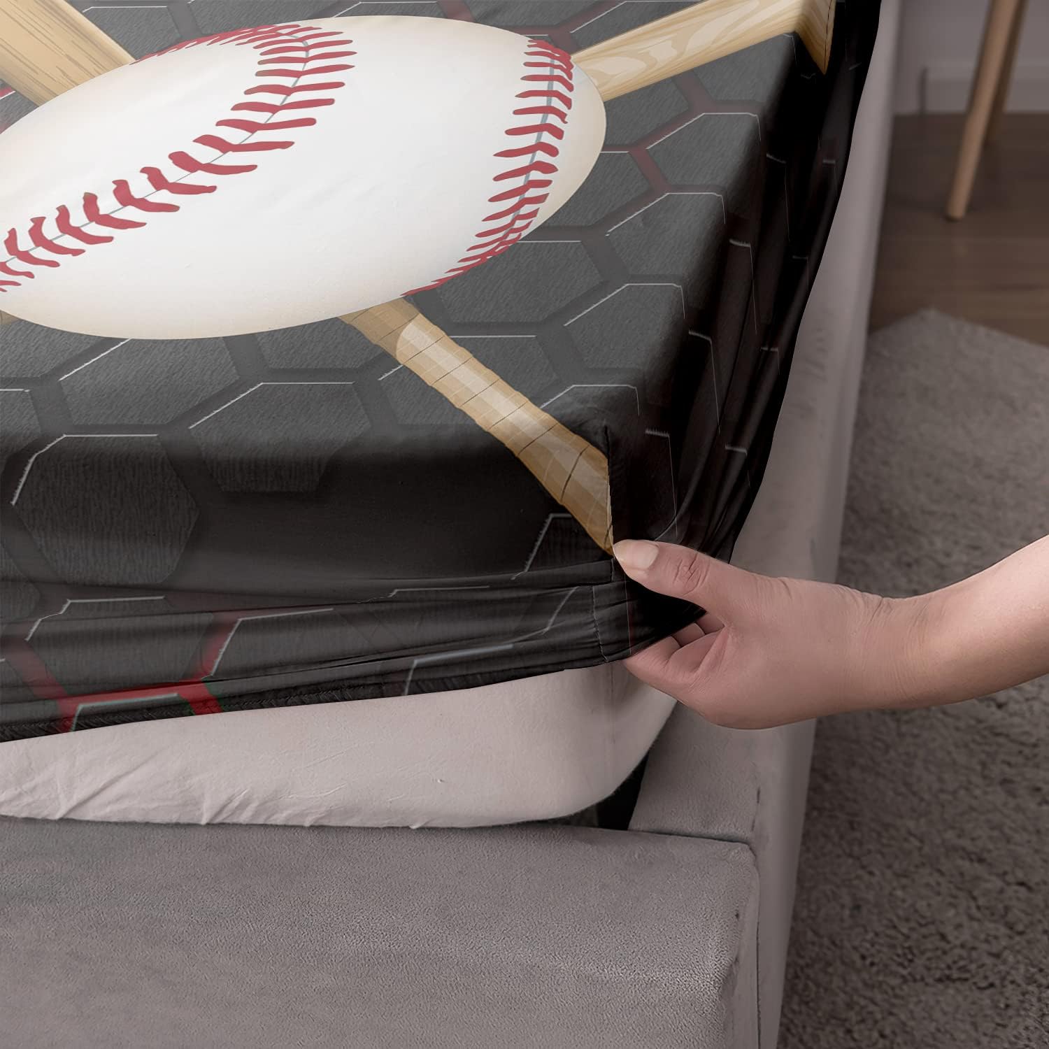 HOSIMA Baseball Fitted Sheet Set for Boys Teens Bedroom Decor,Boys Sports Cool Baseball Pattern Bedding Set,Twin Fitted Sheet Set with 2Pillowcases.