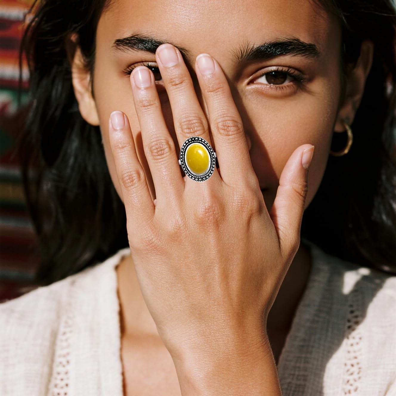 Retro Sterling Silver Stone Ring,Antique Natural Real Oval Crystal Quartz Gemstone Boho Bohemian Ring Jewelry for Women