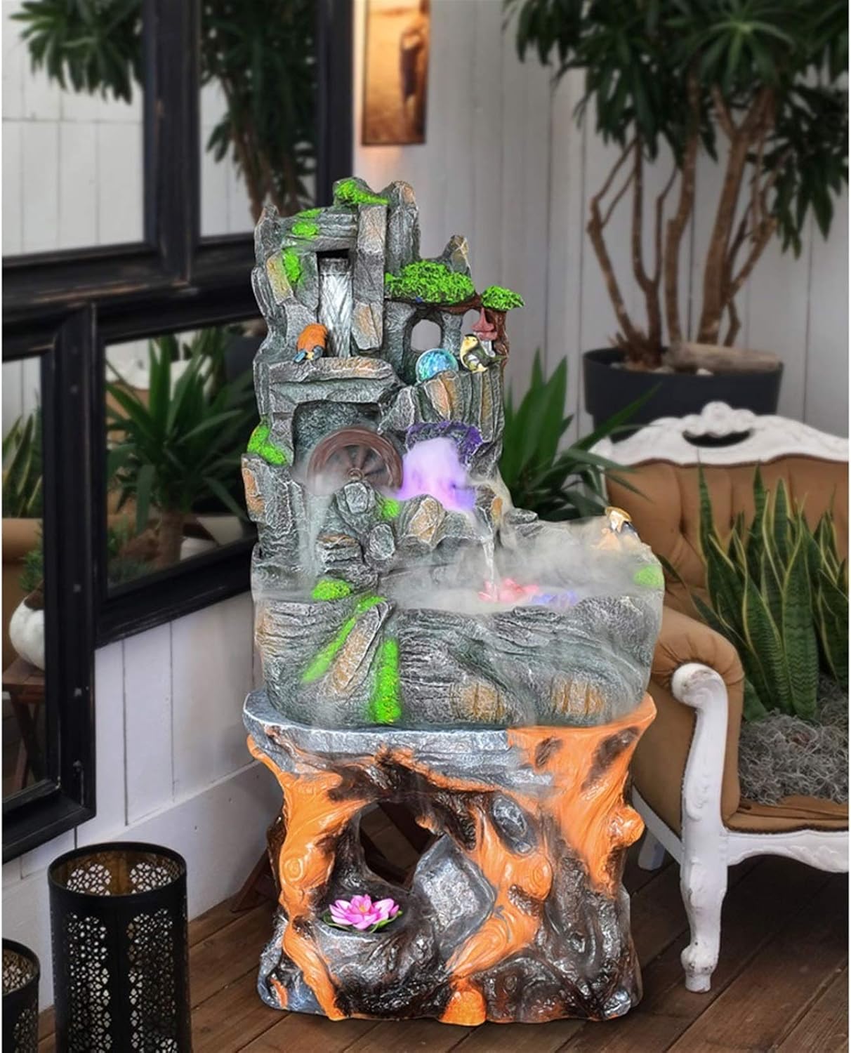 Tabletop Water Fountain Fengshui Wheel Lucky Decoration Resin Artificial Mountain Stone Desktop Fountain and Fish Tank with Water Pump Suitable for Living Room Bedroom Office Terra...