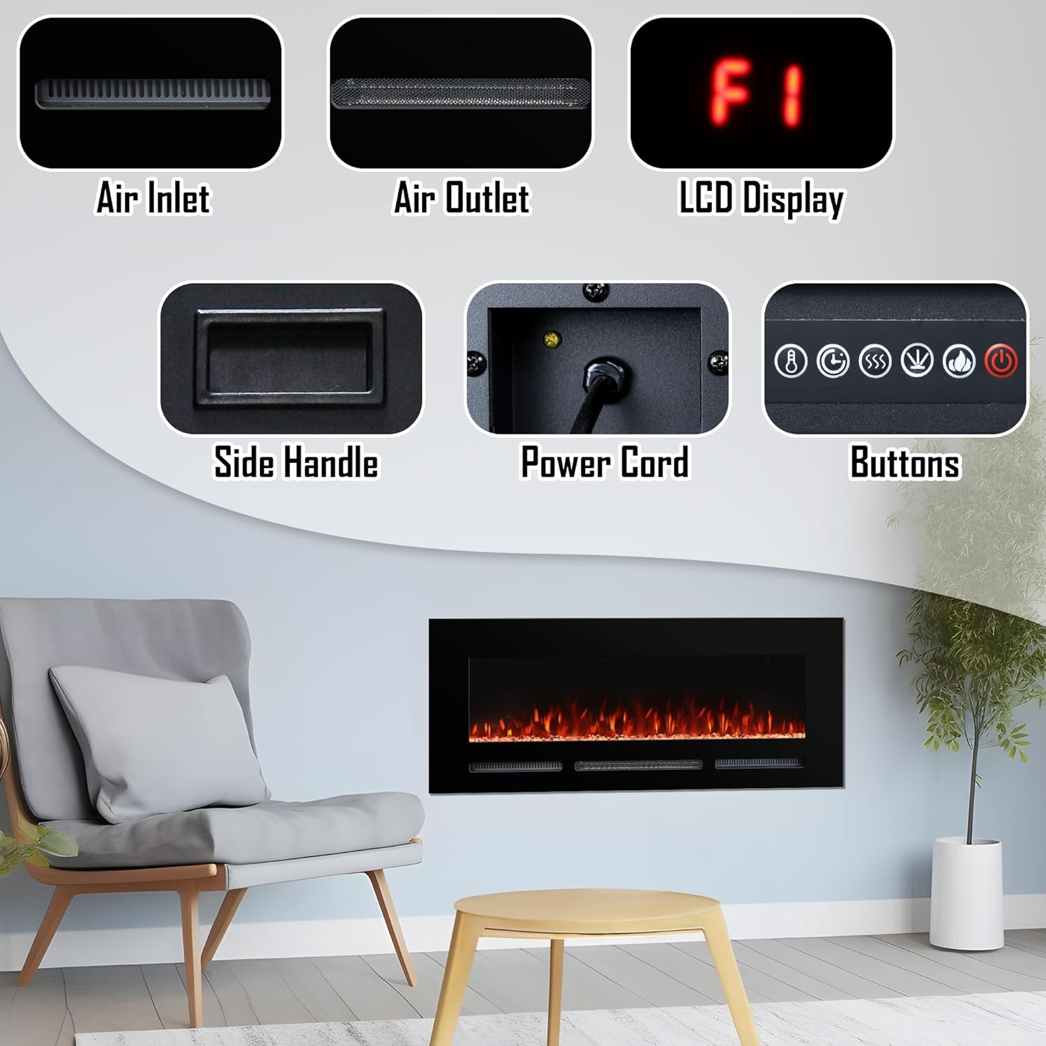 60" Electric Fireplace Wall Mounted and Recessed with Remote Control, Adjustable Brightness,13 Color Flames with Log &Crystal, 9H Timer, 750/1500W