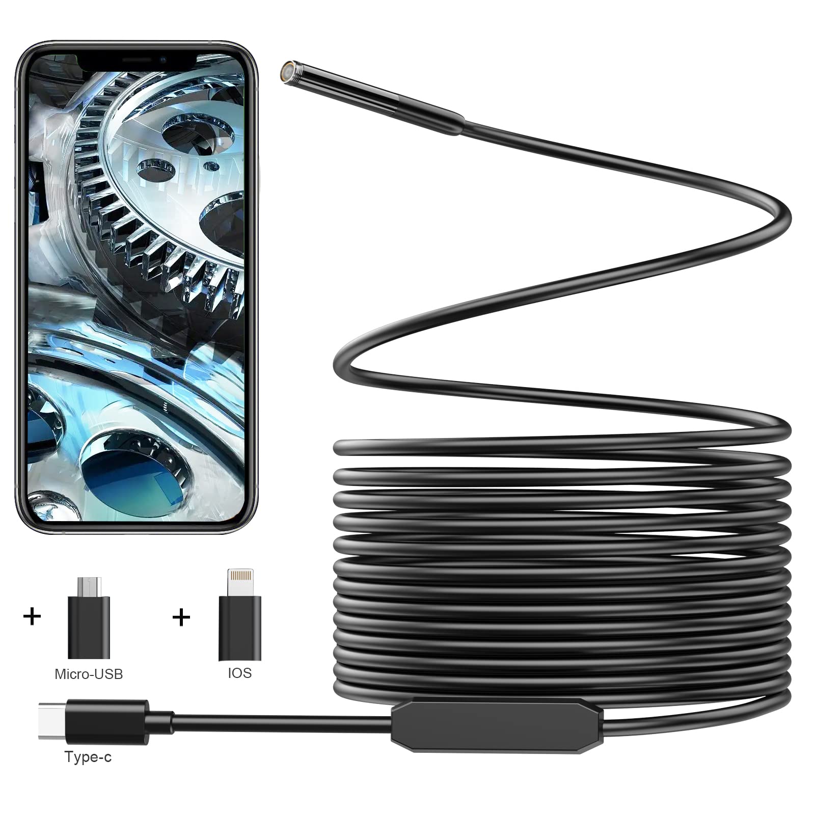 – Inspection Camera USB Endoscope, 7.9 mm Borescope Inspection Snake, IP67 Waterproof, Semi-Rigid Cord with 6 LED Lights, Tube Sink Pipe Drain Camera for Android, iPhone, iPad (9.84FT)